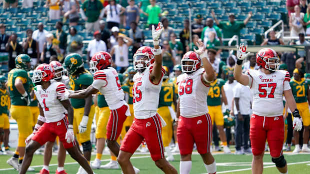 Sep 9, 2023; Waco, Texas, USA; Utah Utes cornerback Tao Johnson (15) celebrates the win against the Baylor Bears at McLane Stadium. Mandatory Credit: Raymond Carlin III-USA TODAY Sports